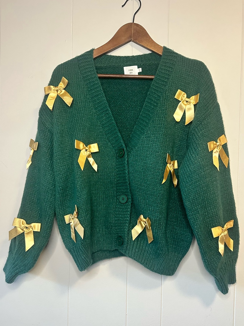 Forest Green V-Neck Bow-Appliqué Cardigan Sweater